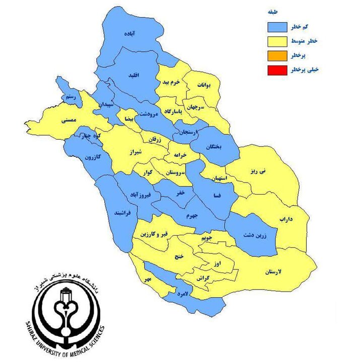 تقسیم نقشه رنگبندی کرونا در فارس به ۲ رنگ آبی و زرد