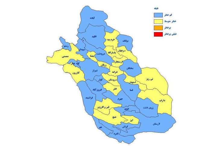 غلبه رنگ آبی بر نقشه کرونا در فارس