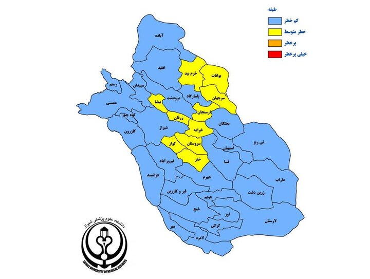 ۱۰ شهرستان فارس، همچنان در وضعیت زرد کرونایی