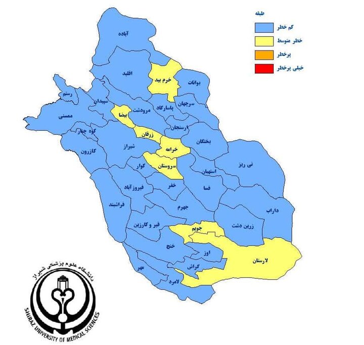 کاهش شهرهای زرد نقشه کرونا در فارس به ۷ شهر