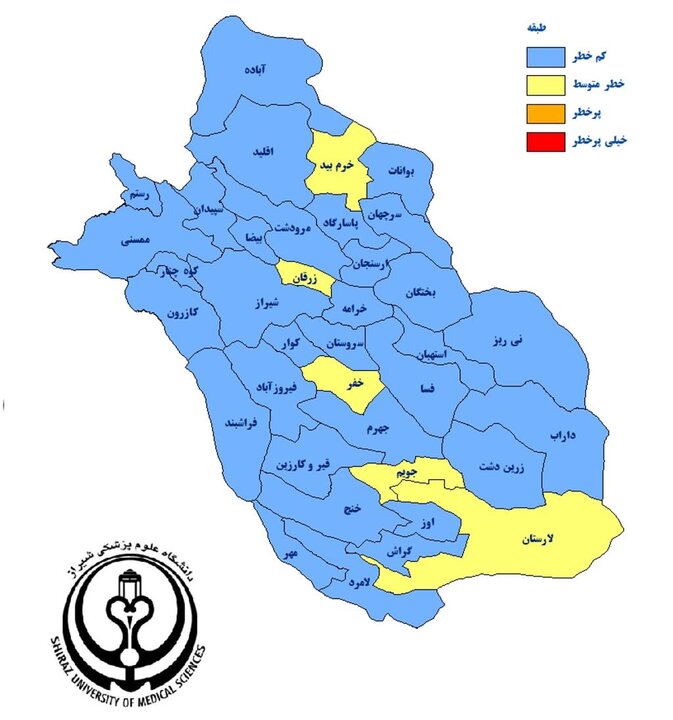 افزایش شهرهای زرد نقشه کرونا در فارس به ۵ مورد