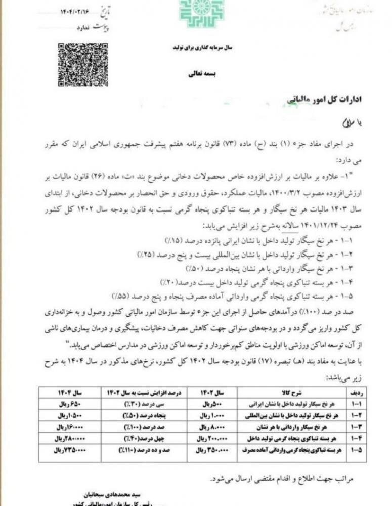 مالیات انواع سیگار افزایش یافت