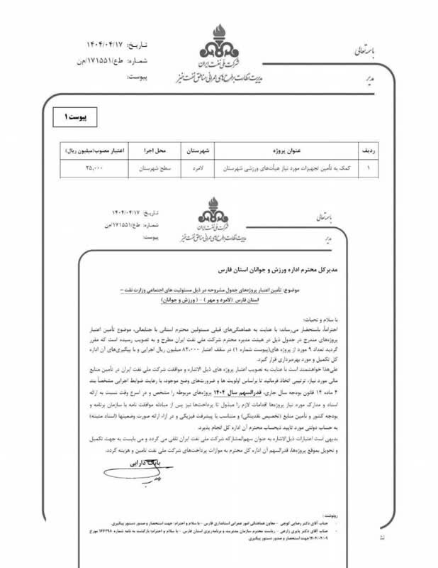 اختصاص اعتبار ۲۵ میلیارد ریالی برای تجهیز هیئتهای ورزشی شهرستان لامرد با پیگیریهای دکتر موسوی اختصاص اعتبار ۲۵ میلیارد ریالی برای تجهیز هیئتهای ورزشی شهرستان لامرد با پیگیریهای دکتر موسوی