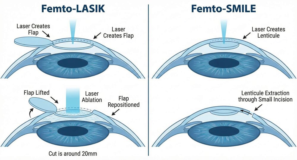 مقایسه مراحل جراحی فمتولیزیک (چپ) و فمتواسمایل (راست). در فمتولیزیک یک فلپ ایجاد شده و سپس بافت تراشیده می‌شود، در حالی که در فمتواسمایل یک لنتیکول از طریق برشی کوچک خارج می‌گردد.