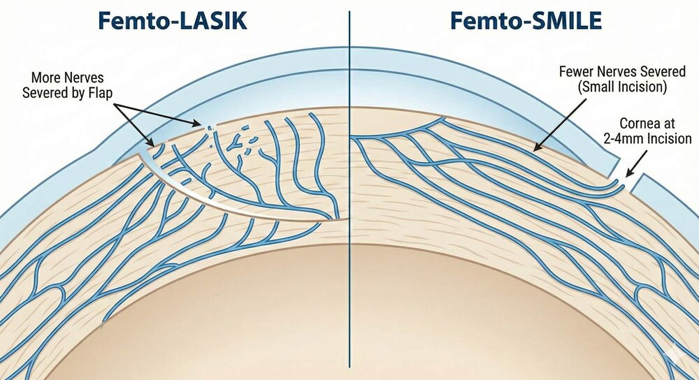تأثیر عمل جراحی بر اعصاب قرنیه. در فمتولیزیک (چپ) برش وسیع فلپ اعصاب بیشتری را قطع می‌کند، در حالی که در فمتواسمایل (راست) برش کوچک‌تر منجر به حفظ بهتر شبکه عصبی می‌شود.