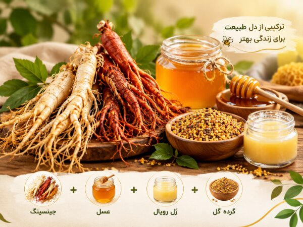 ترکیب جینسینگ،عسل، ژل رویال و گرده گل