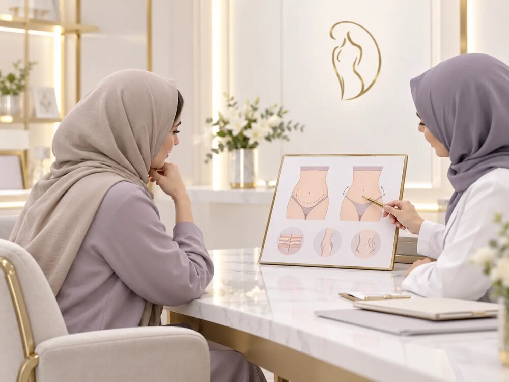 A woman in a hijab and keflah is being examined by a doctor in a clinical setting.AI-generated content may be incorrect.