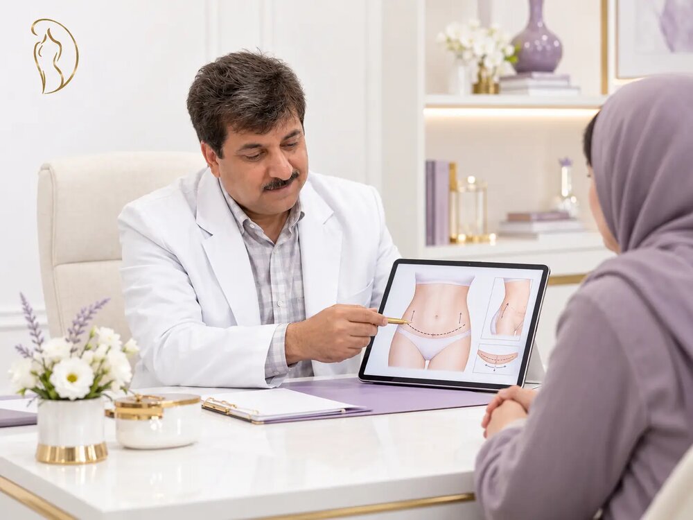 A doctor examines a patient's abdomen while they sit at a desk with a laptop displaying the medical imaging.AI-generated content may be incorrect.