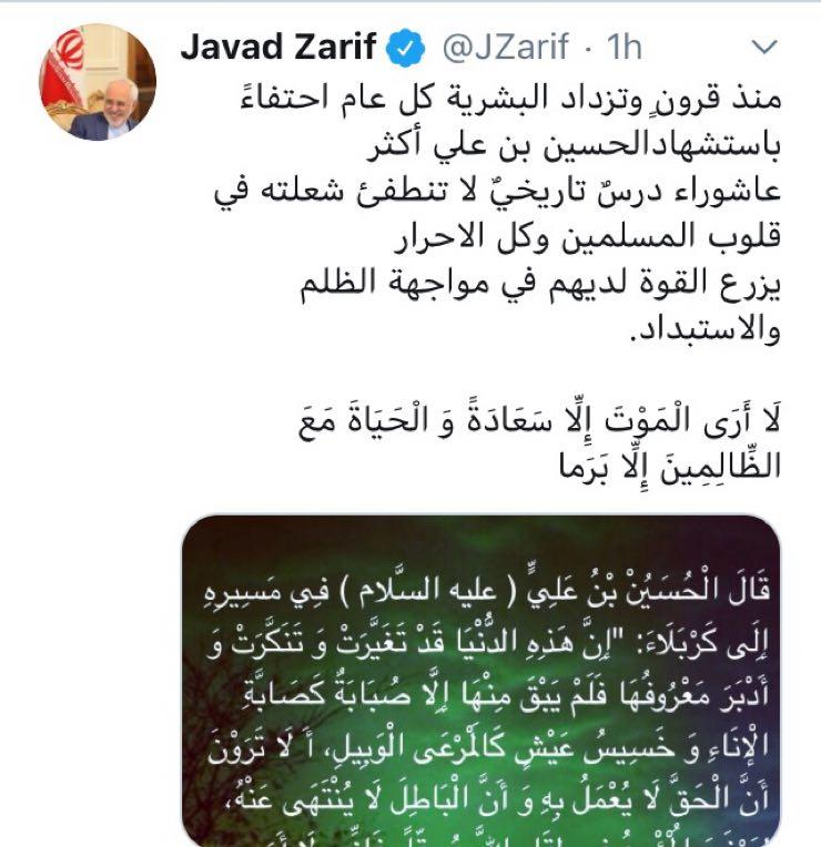 توییت ظریف به مناسبت عزای حسینی برای عرب زبانها