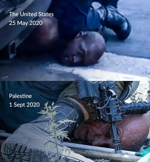 گردن فرد فلسطینی زیر زانوی سرباز اسرائیلی،درست مانند جورج فلوید....